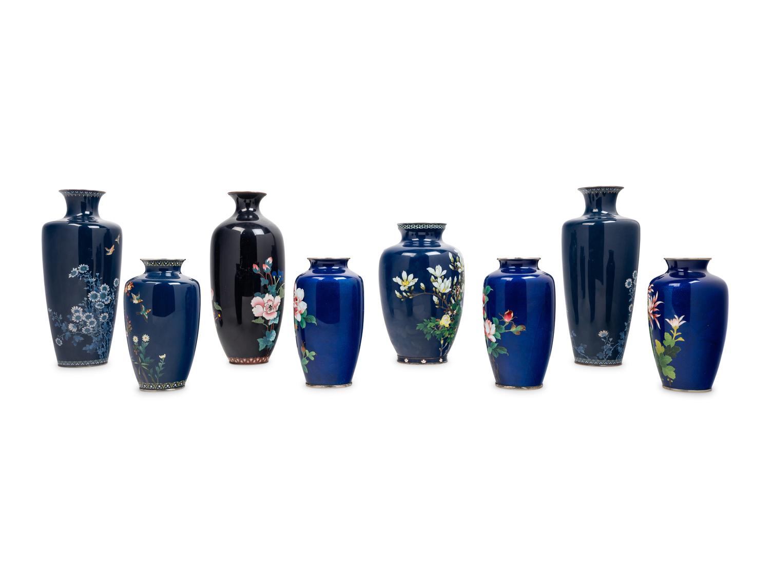 Eight Japanese Blue Ground Cloisonné Enamel and Embossed Foil 'Ginbari' Vases