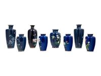 Eight Japanese Blue Ground Cloisonné Enamel and Embossed Foil 'Ginbari' Vases