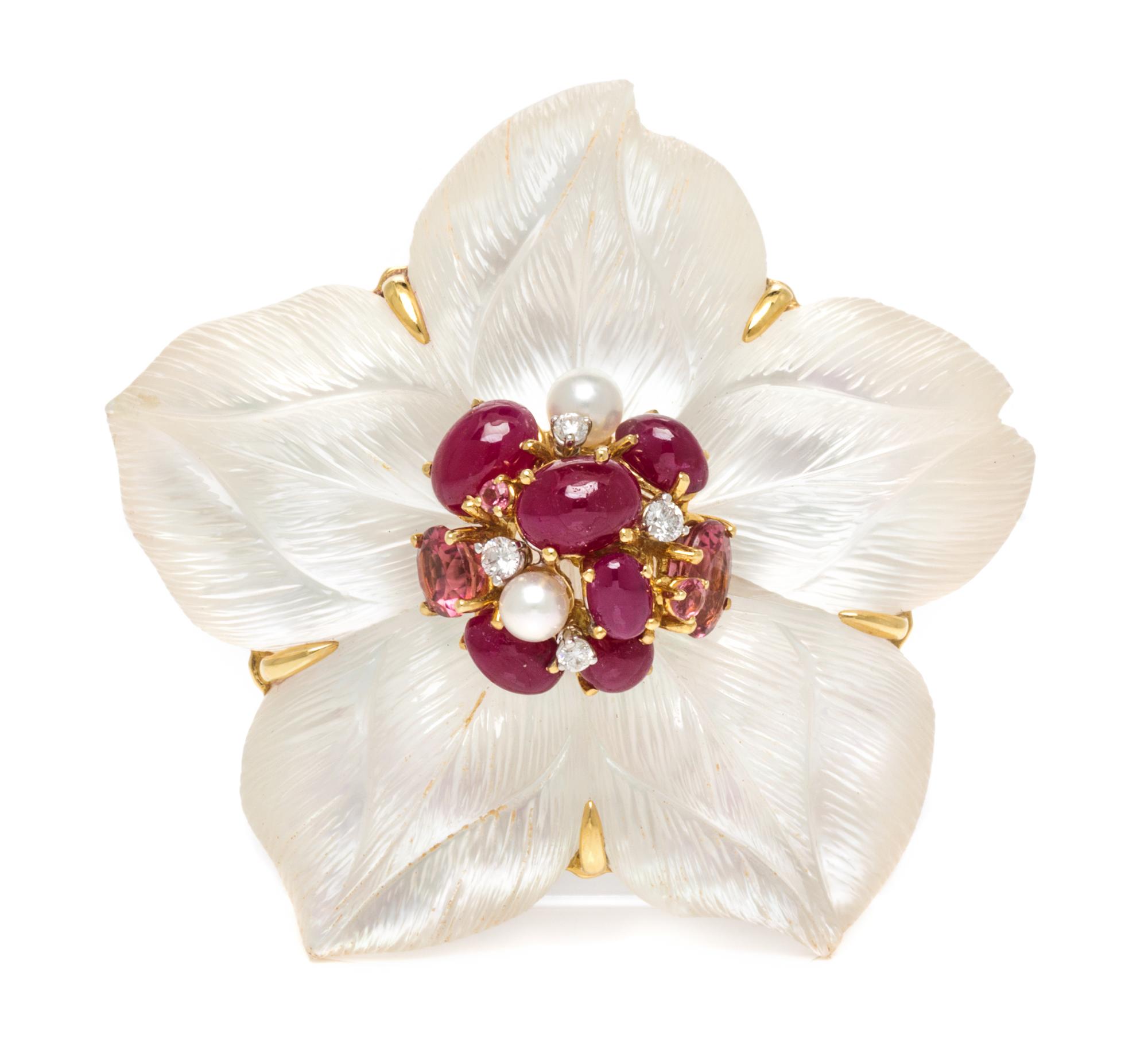 An 18 Karat Yellow Gold, Rock Crystal, Diamond and Multigem Clematis Brooch, Seaman Schepps, 38.10 dwts.