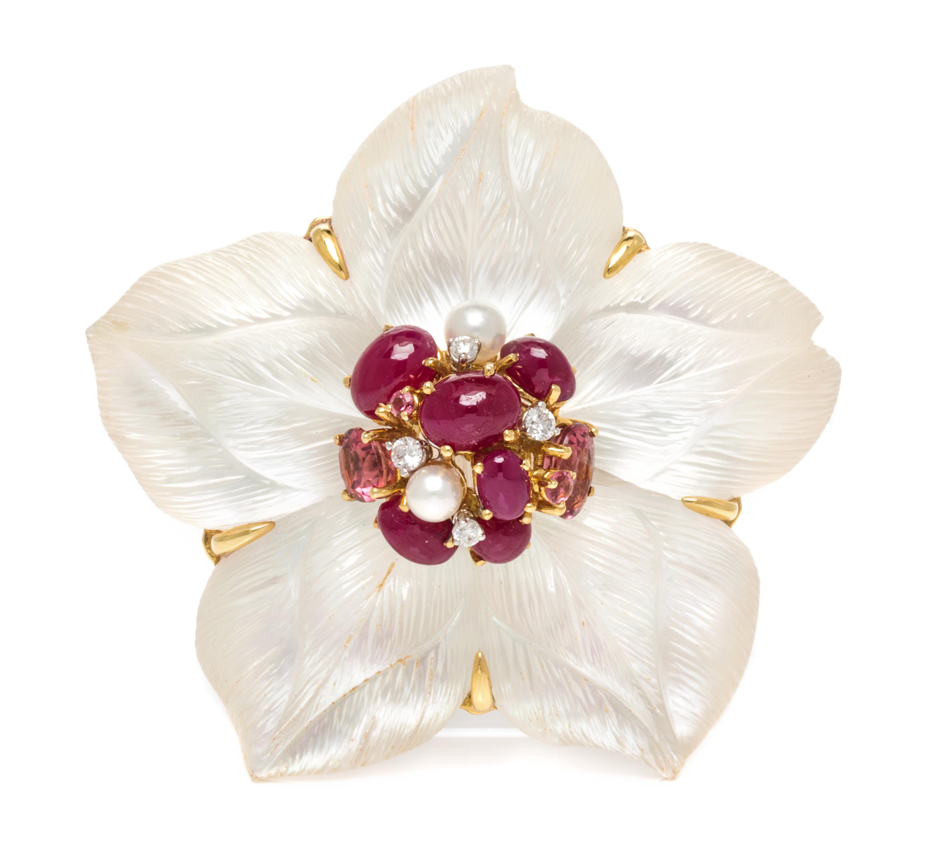 An 18 Karat Yellow Gold, Rock Crystal, Diamond and Multigem Clematis Brooch, Seaman Schepps, 38.10 dwts.