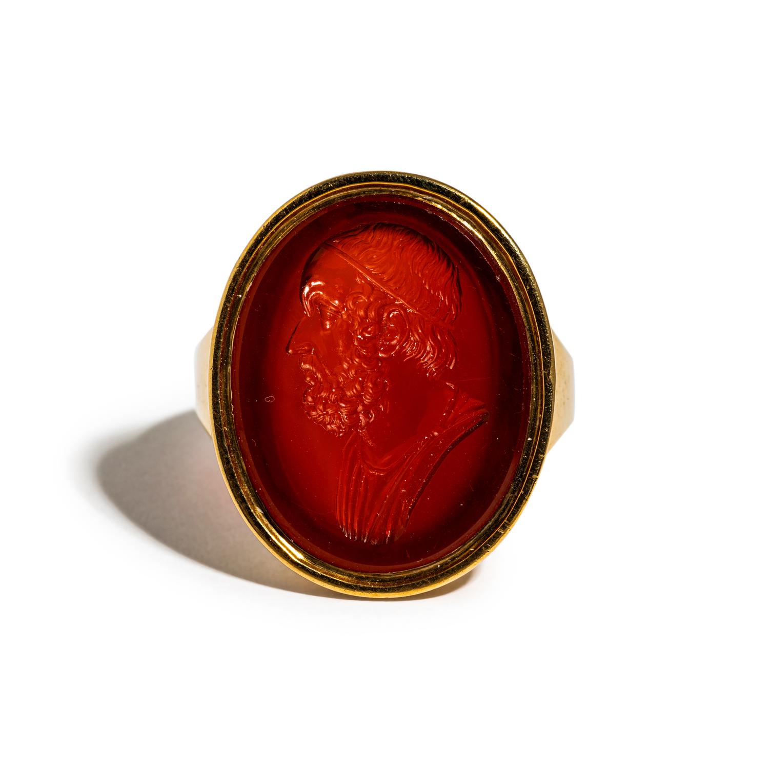 A Neoclassical Gold and Carnelian Finger Ring with Portrait Head of Homer