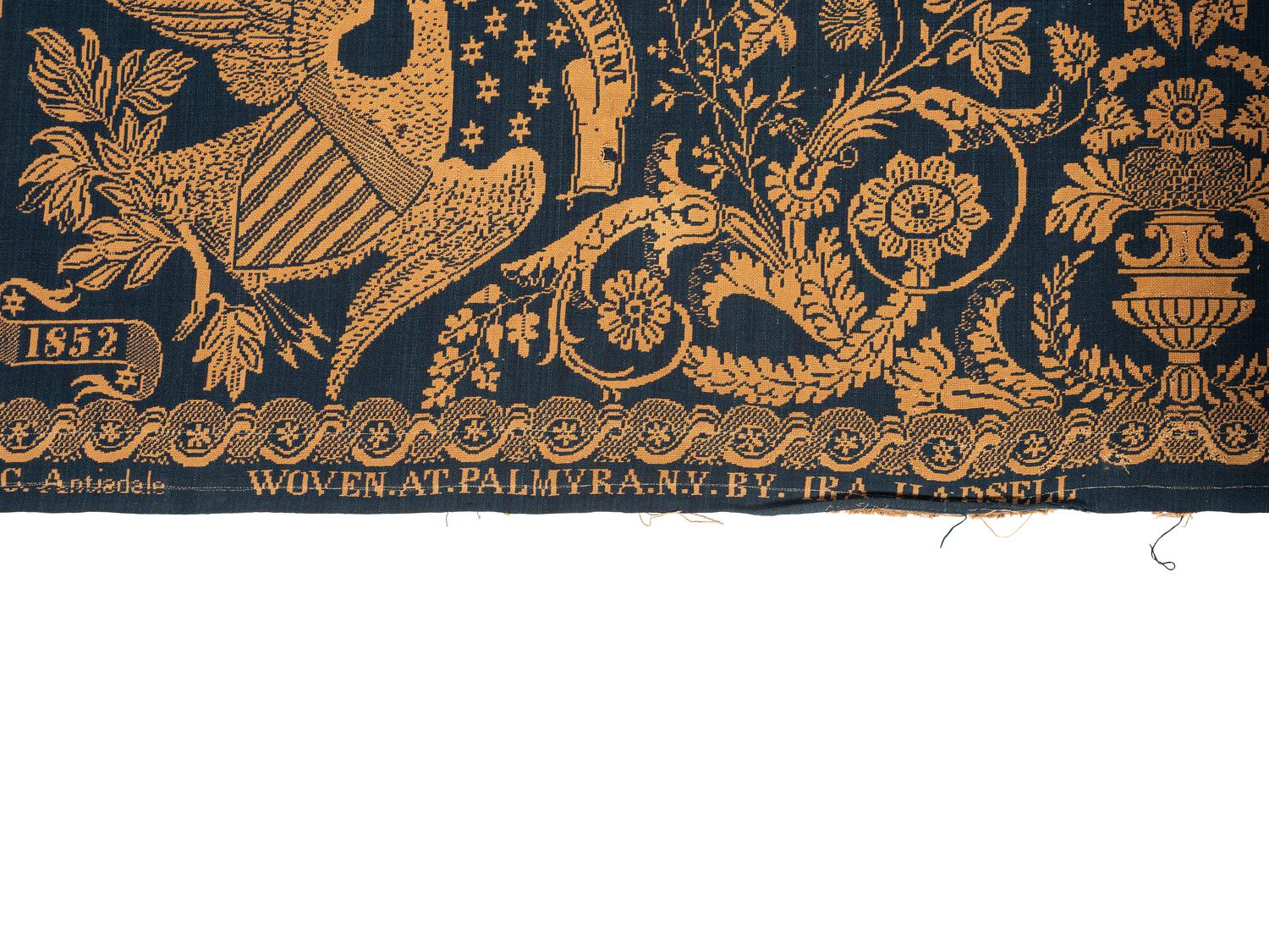 A Blue and White Jacquard Woven Liberty Coverlet