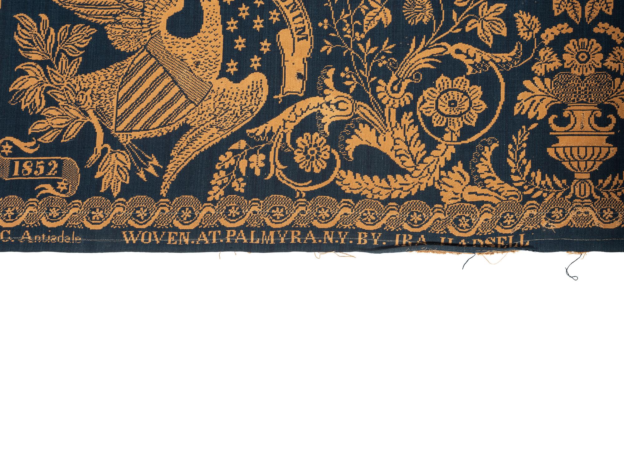 A Blue and White Jacquard Woven Liberty Coverlet