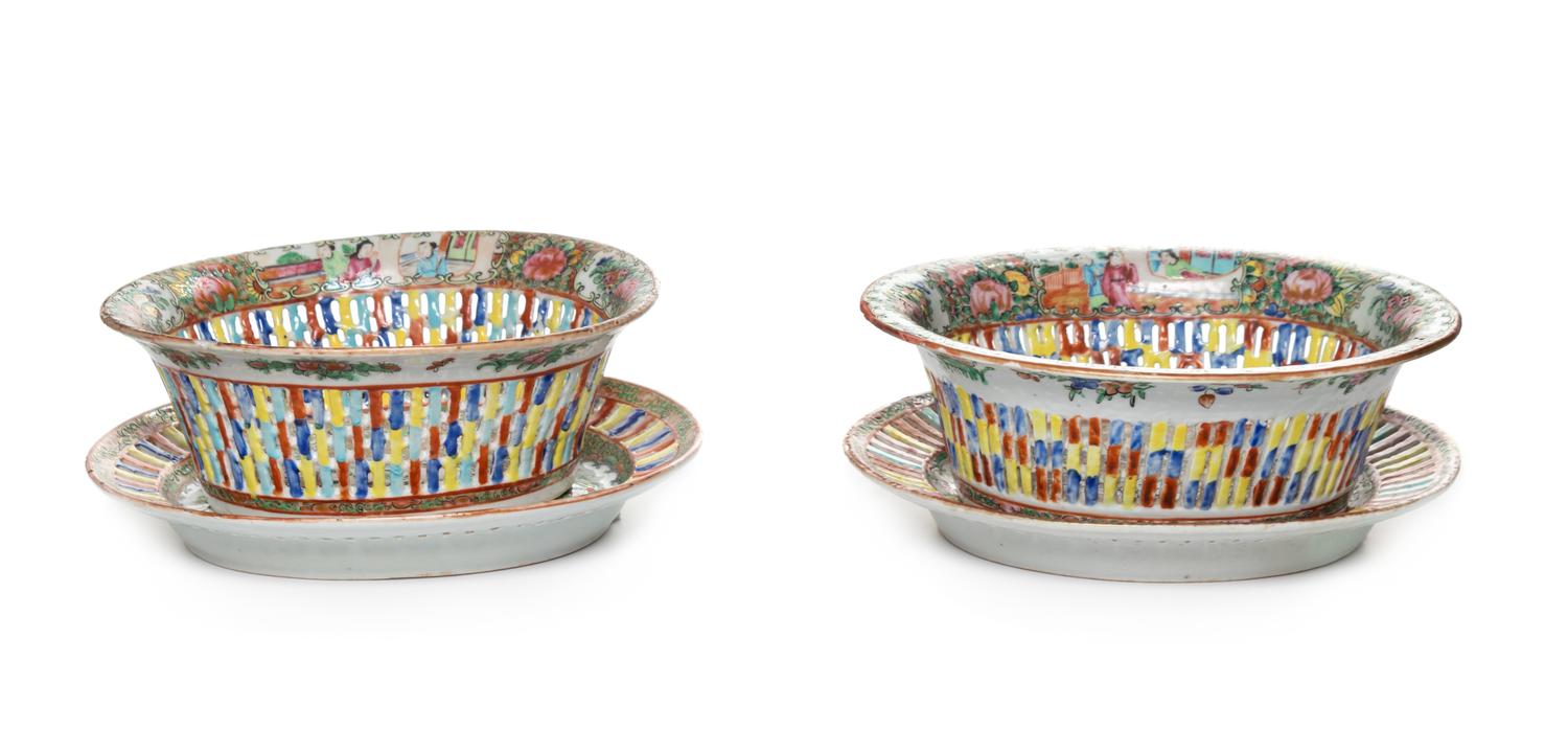 A Pair of Chinese Export Reticulated Chestnut Baskets and Stands