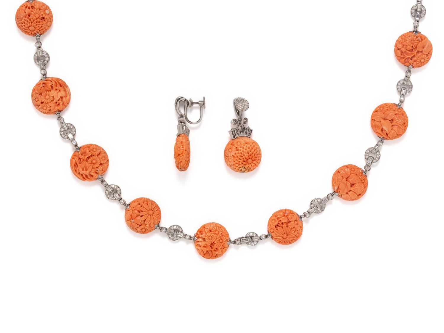 PLATINUM, DIAMOND AND CARVED CORAL CONVERTIBLE SET