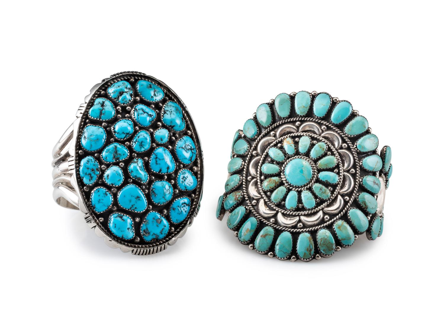 Navajo Sterling Silver and Turquoise Cluster Cuff Bracelets