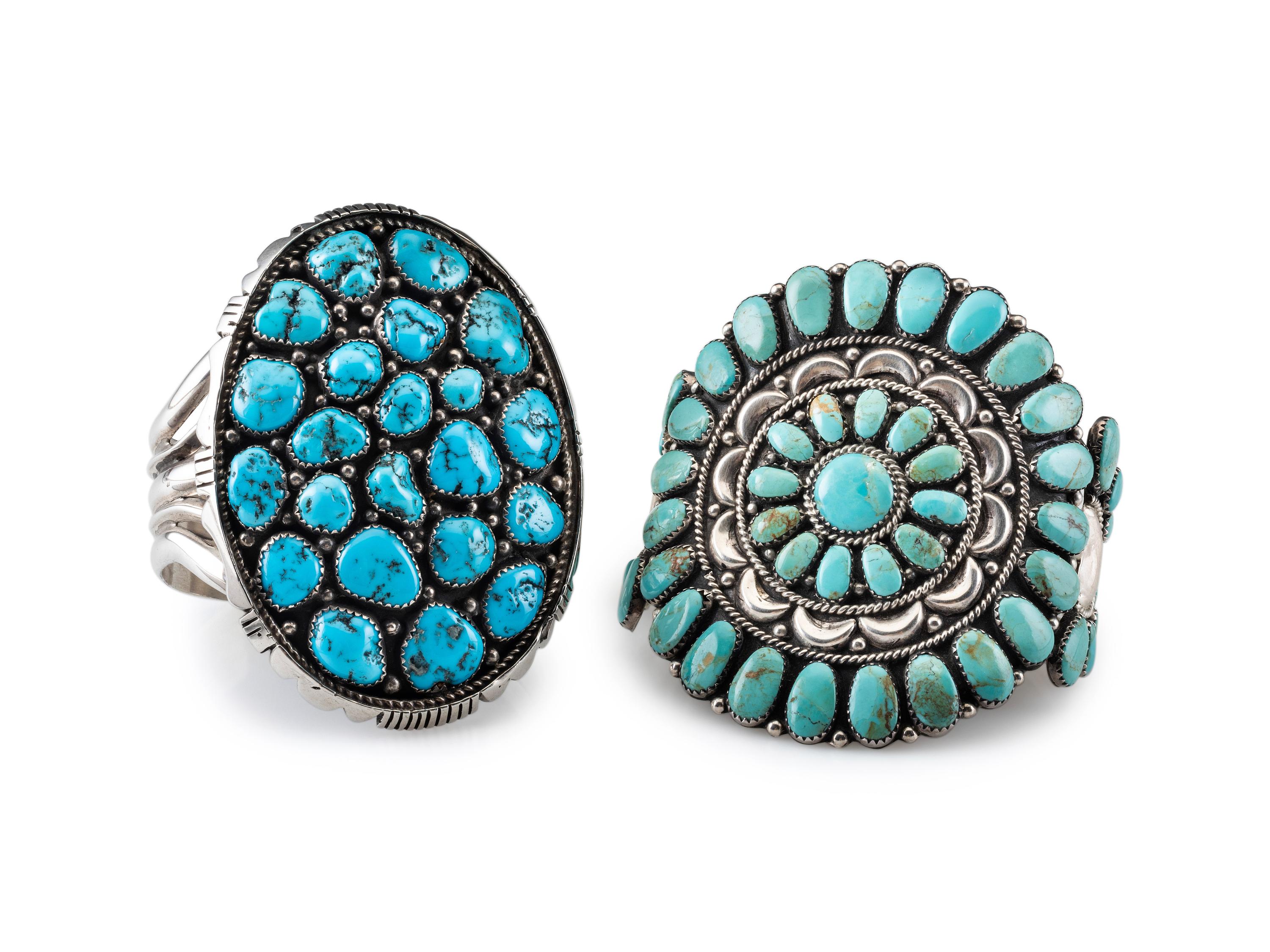 Navajo Sterling Silver and Turquoise Cluster Cuff Bracelets