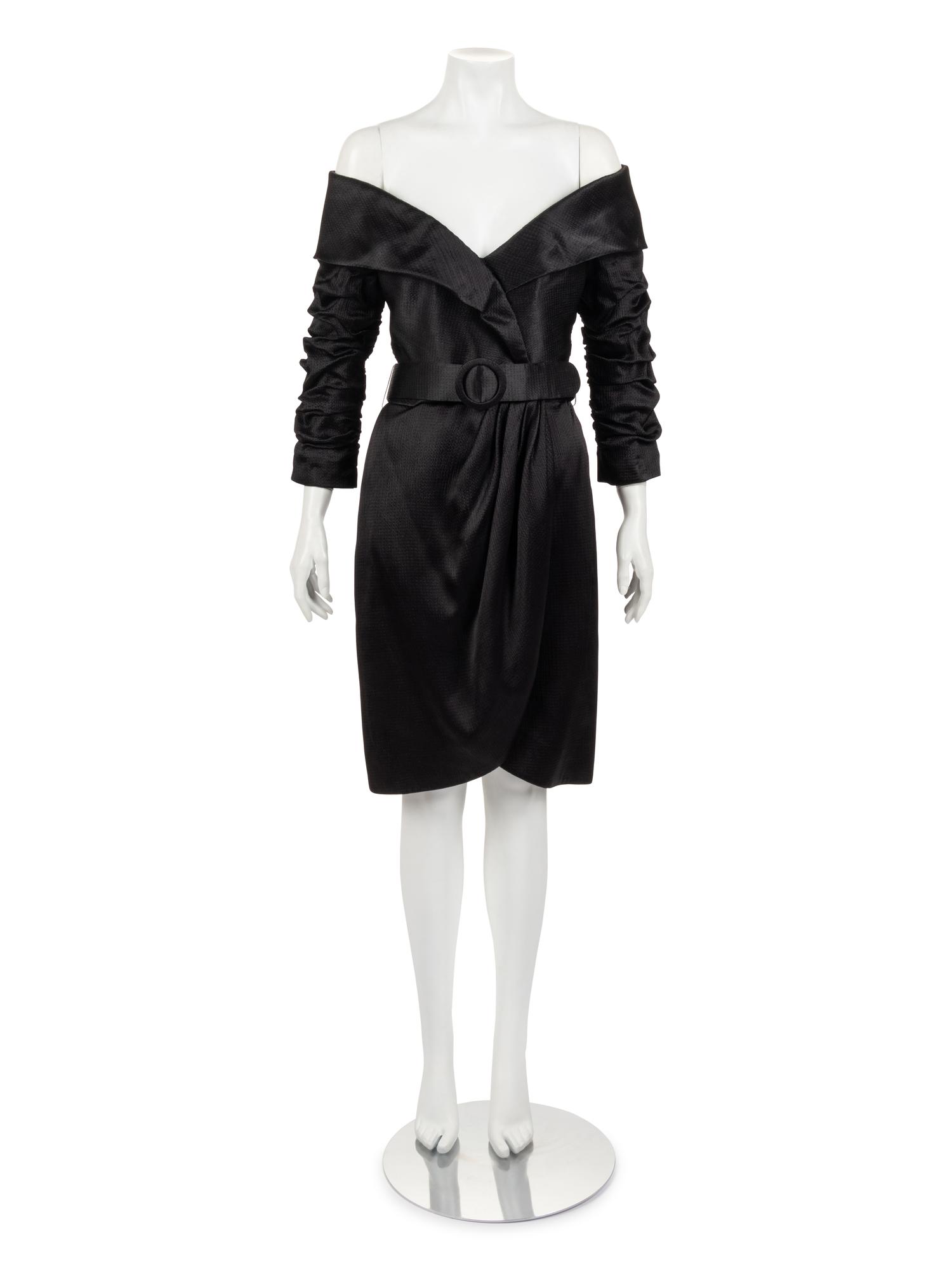 Scaasi Satin Seersucker Evening Dress with Belt, 1980-90s