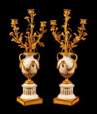 A Pair of Louis XV Style Gilt Bronze and Marble Three-Light Candelabra