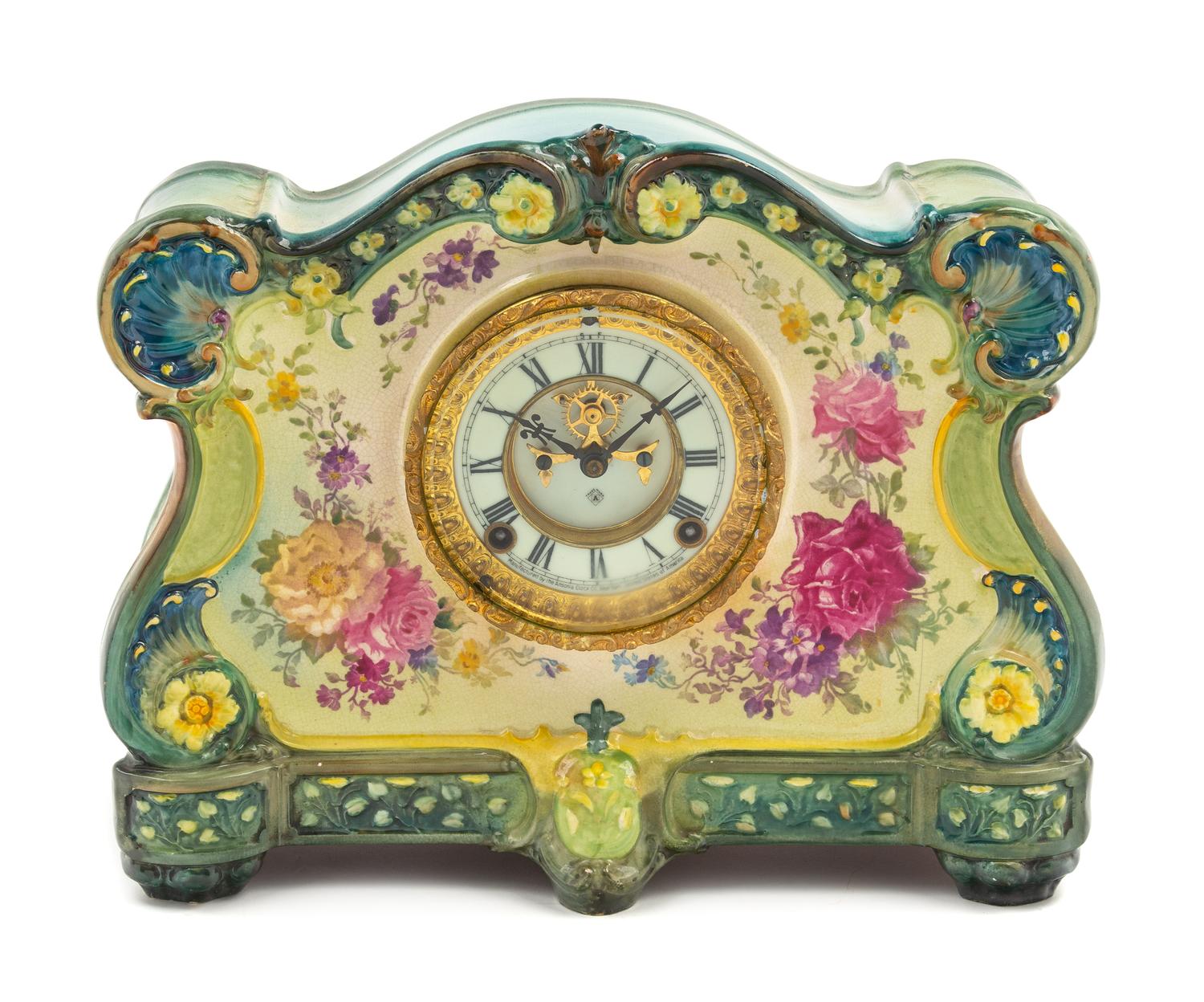 A Royal Bonn Porcelain Mantel Clock Height 11 1/2 x width 14 x depth 4 1/2 inches. — MOVEMENT BY ANSONIA, LATE 19TH CENTURY