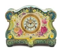 A Royal Bonn Porcelain Mantel Clock Height 11 1/2 x width 14 x depth 4 1/2 inches. — MOVEMENT BY ANSONIA, LATE 19TH CENTURY