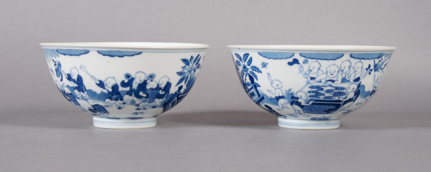 A Pair of Chinese Underglaze Blue Bowls, Width 6 inches.