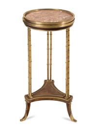 A Pair of Gilt Bronze and Burl Walnut Marble-Top Side Tables