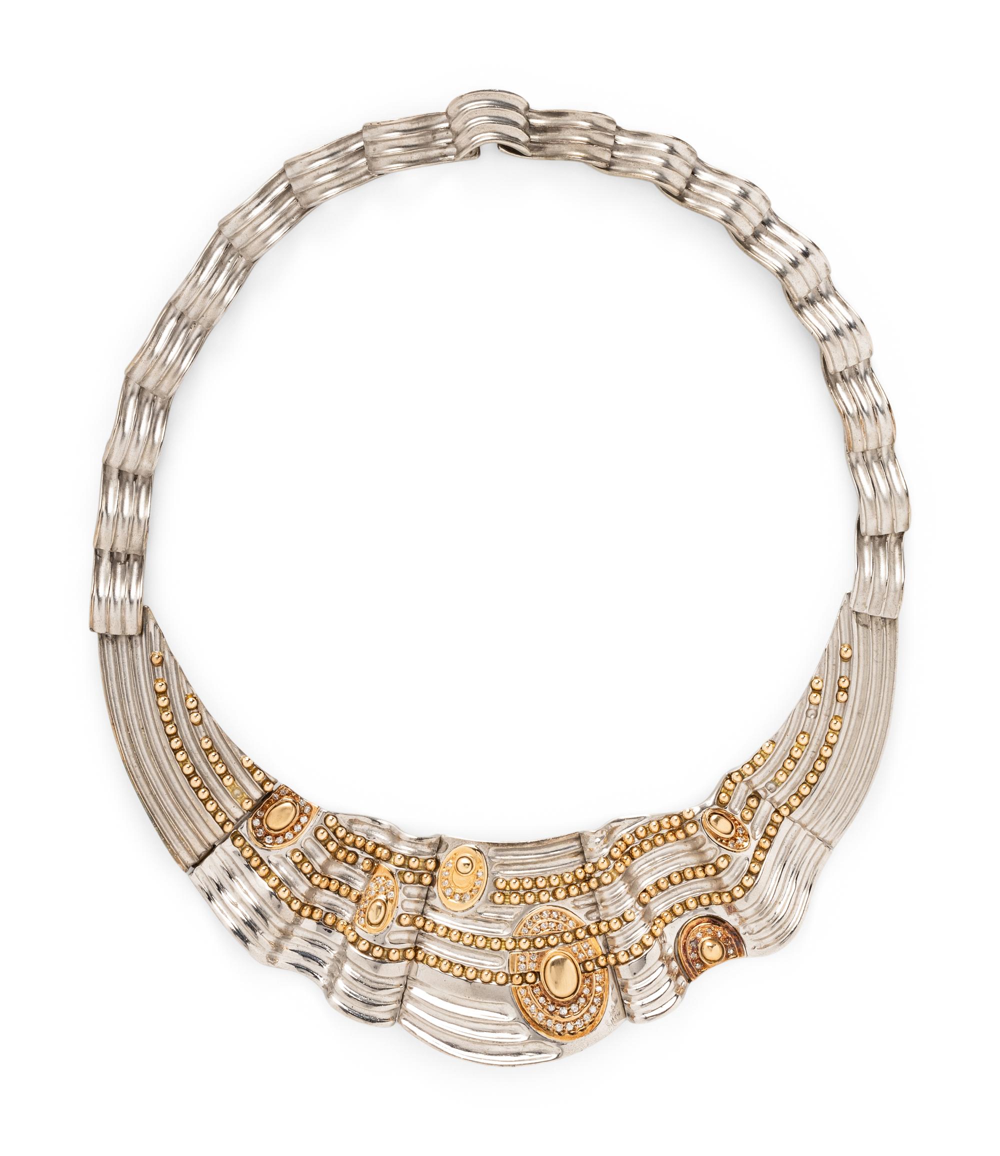 SILVER, YELLOW GOLD, AND DIAMOND NECKLACE