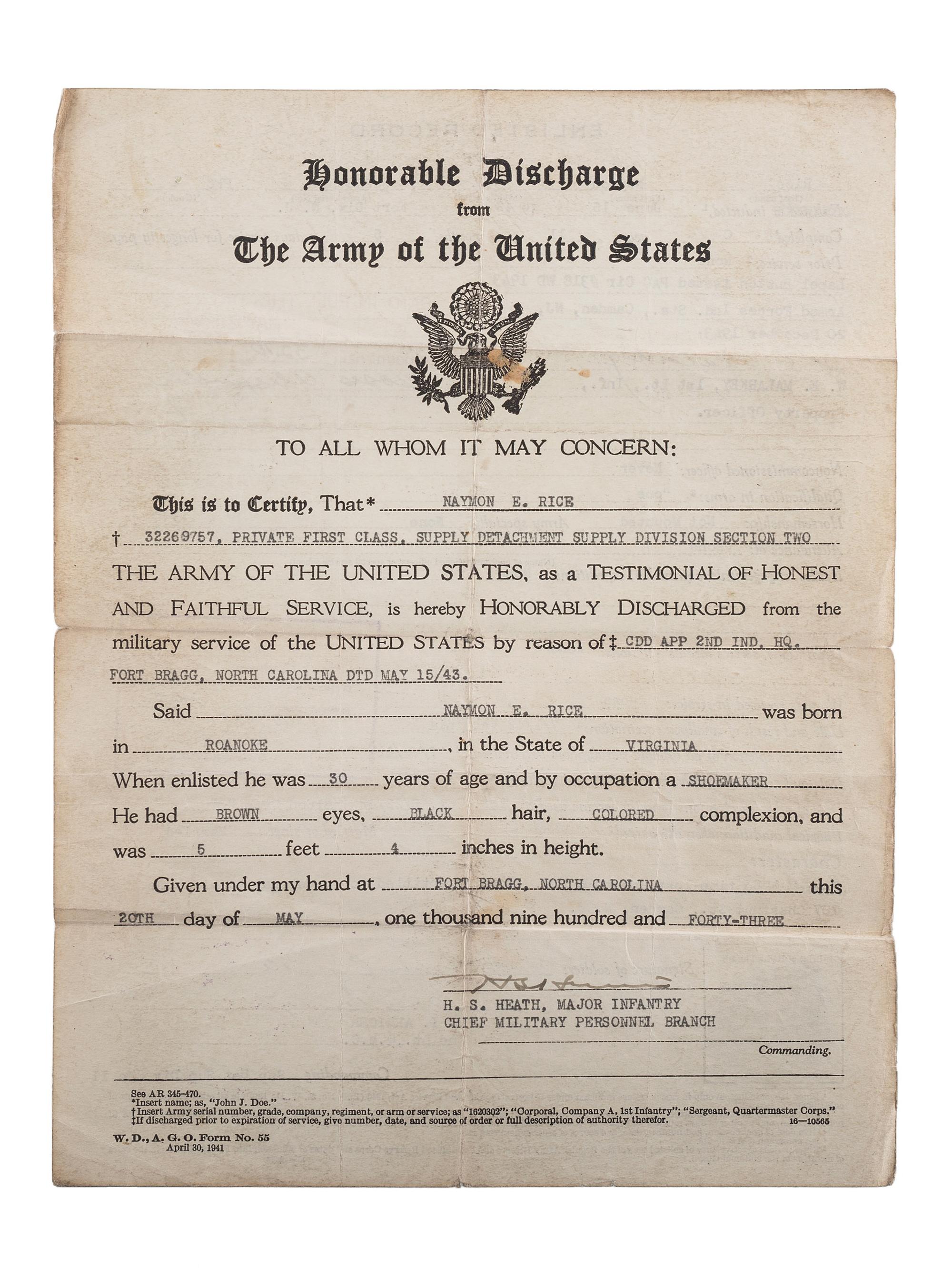 [AFRICAN AMERICANA]. Extensive manuscript archive documenting the experiences of the Rice Family of Roanoke, Virginia, during the Great Depression and World Wars I and II. Ca 1892-1950s.