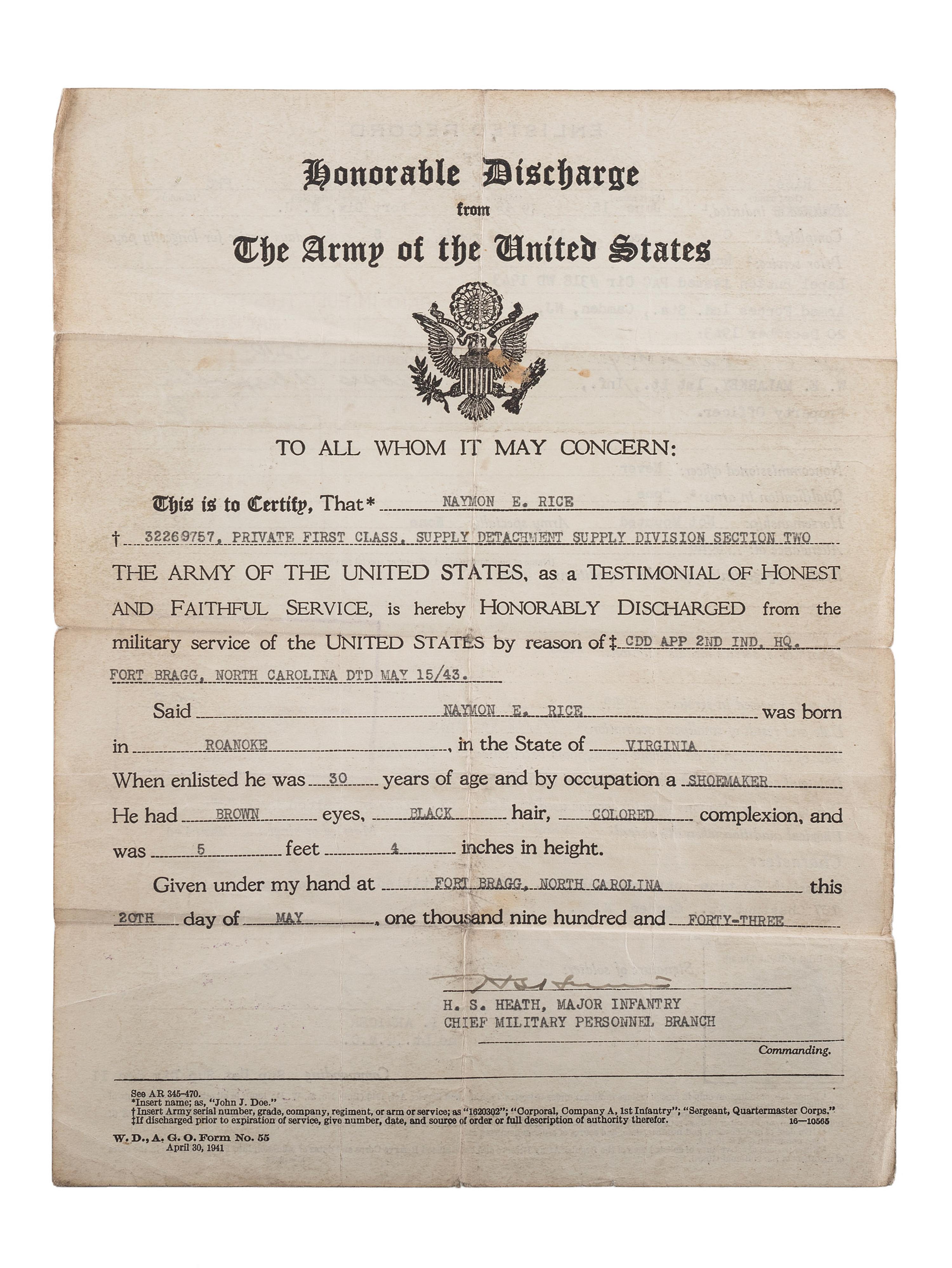 [AFRICAN AMERICANA]. Extensive manuscript archive documenting the experiences of the Rice Family of Roanoke, Virginia, during the Great Depression and World Wars I and II. Ca 1892-1950s.