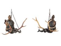 A Pair of Painted Wood and Antler-Mounted Lusterweibchen Chandeliers