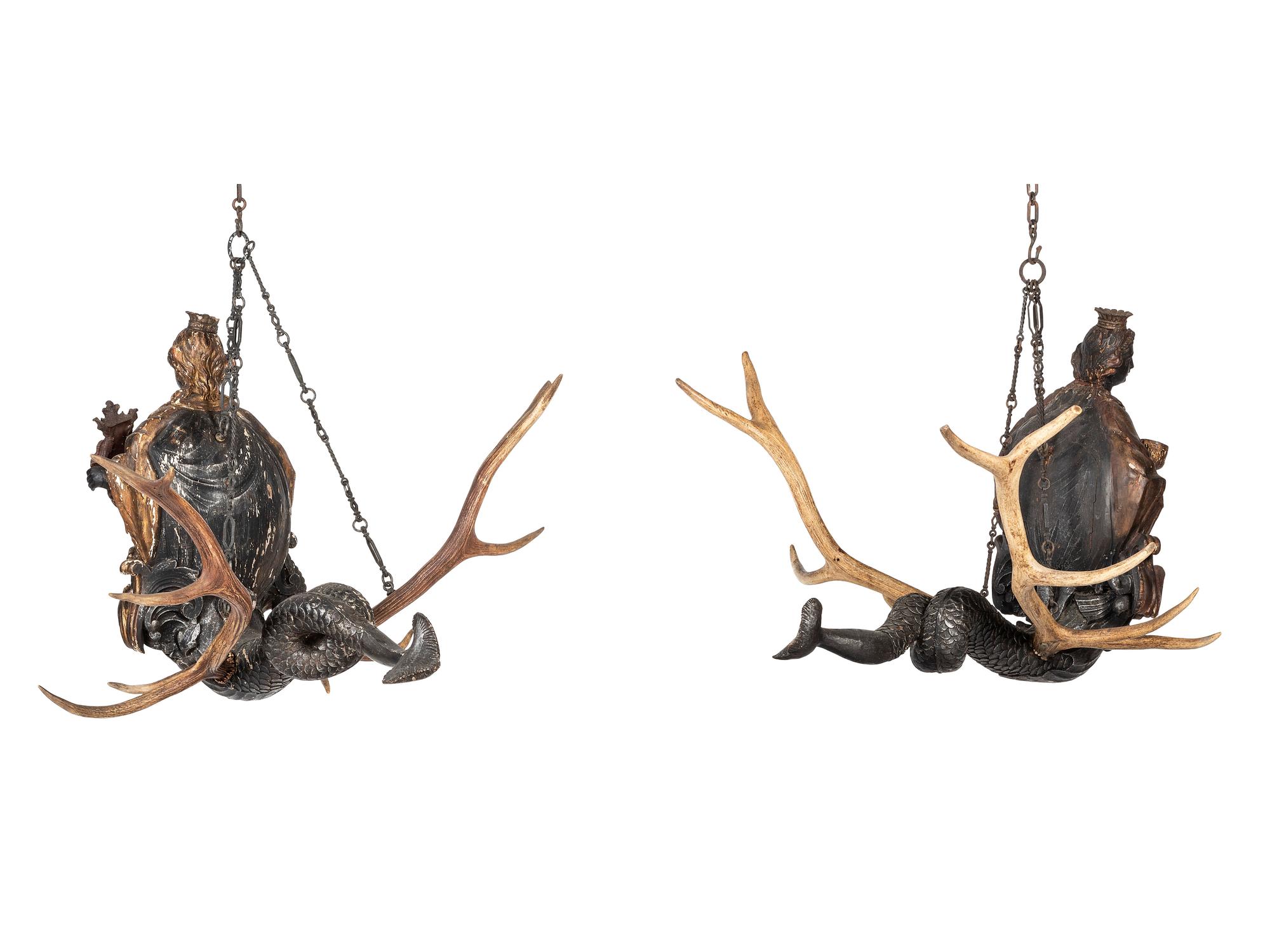 A Pair of Painted Wood and Antler-Mounted Lusterweibchen Chandeliers