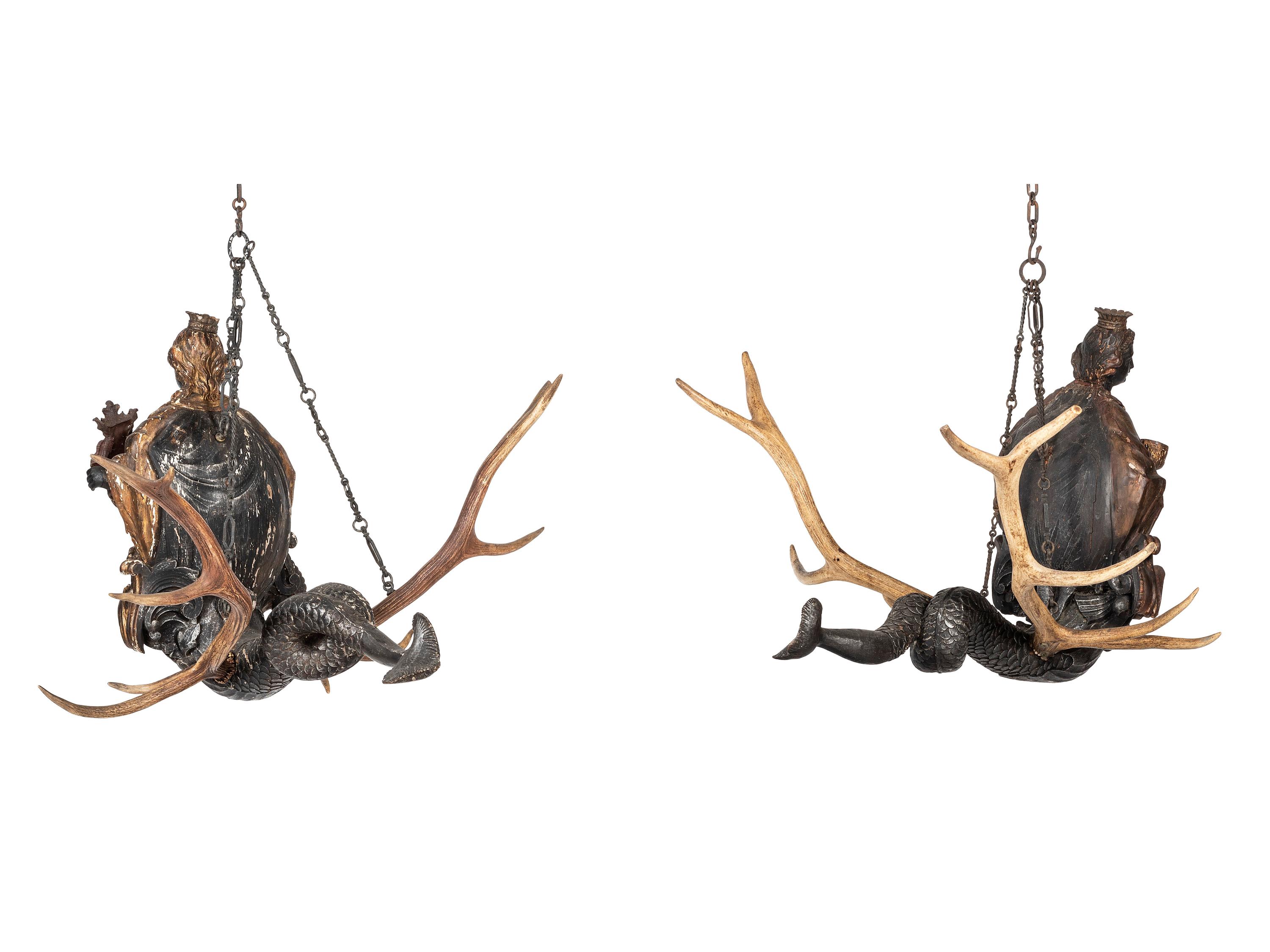 A Pair of Painted Wood and Antler-Mounted Lusterweibchen Chandeliers