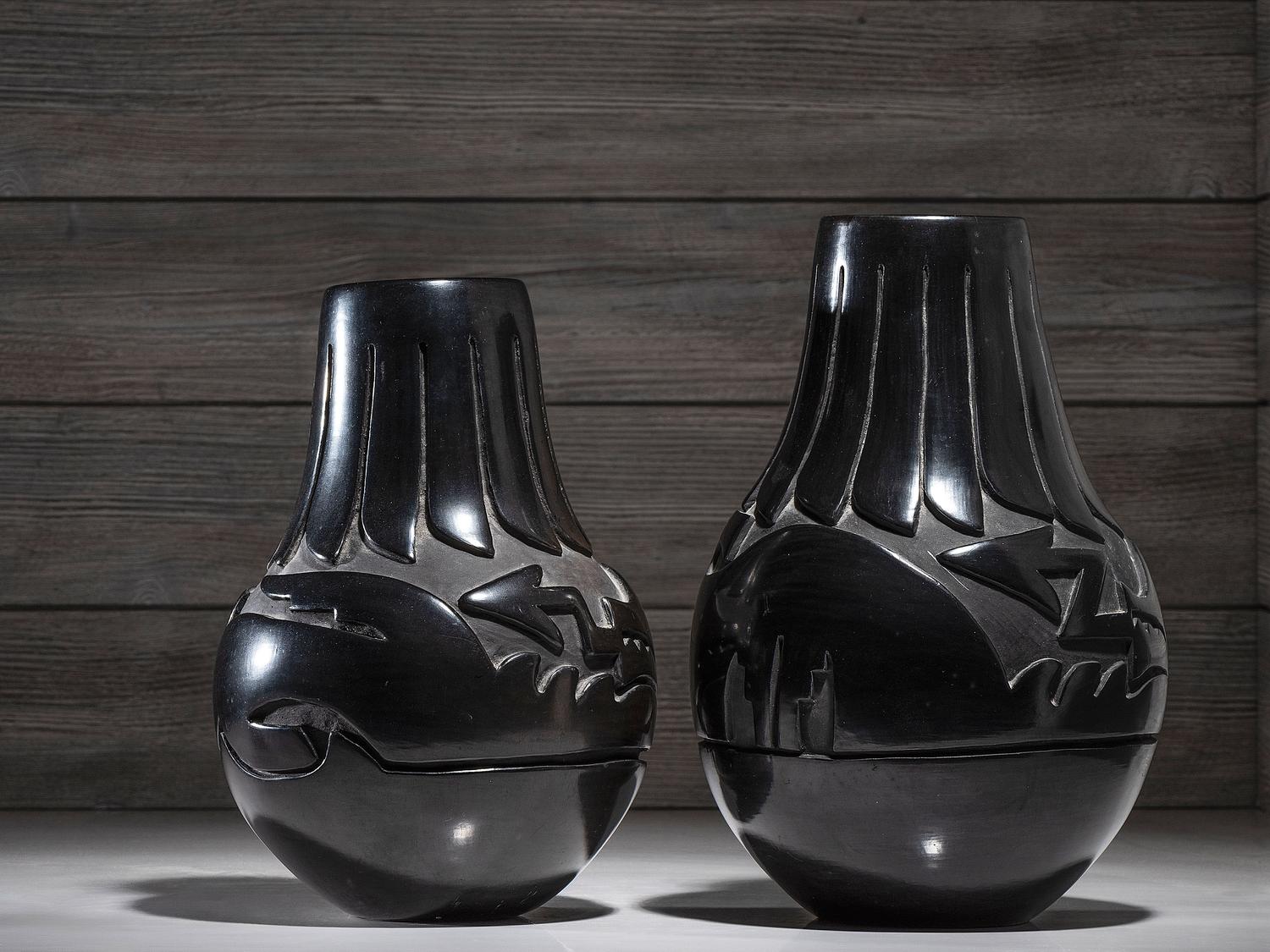 Pair of Carved Blackware Pottery Vases