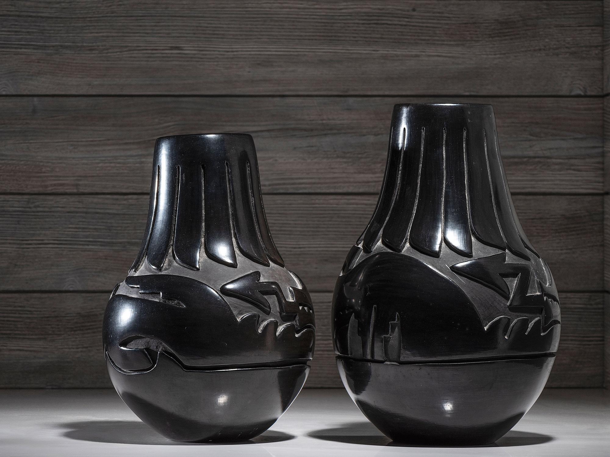 Pair of Carved Blackware Pottery Vases