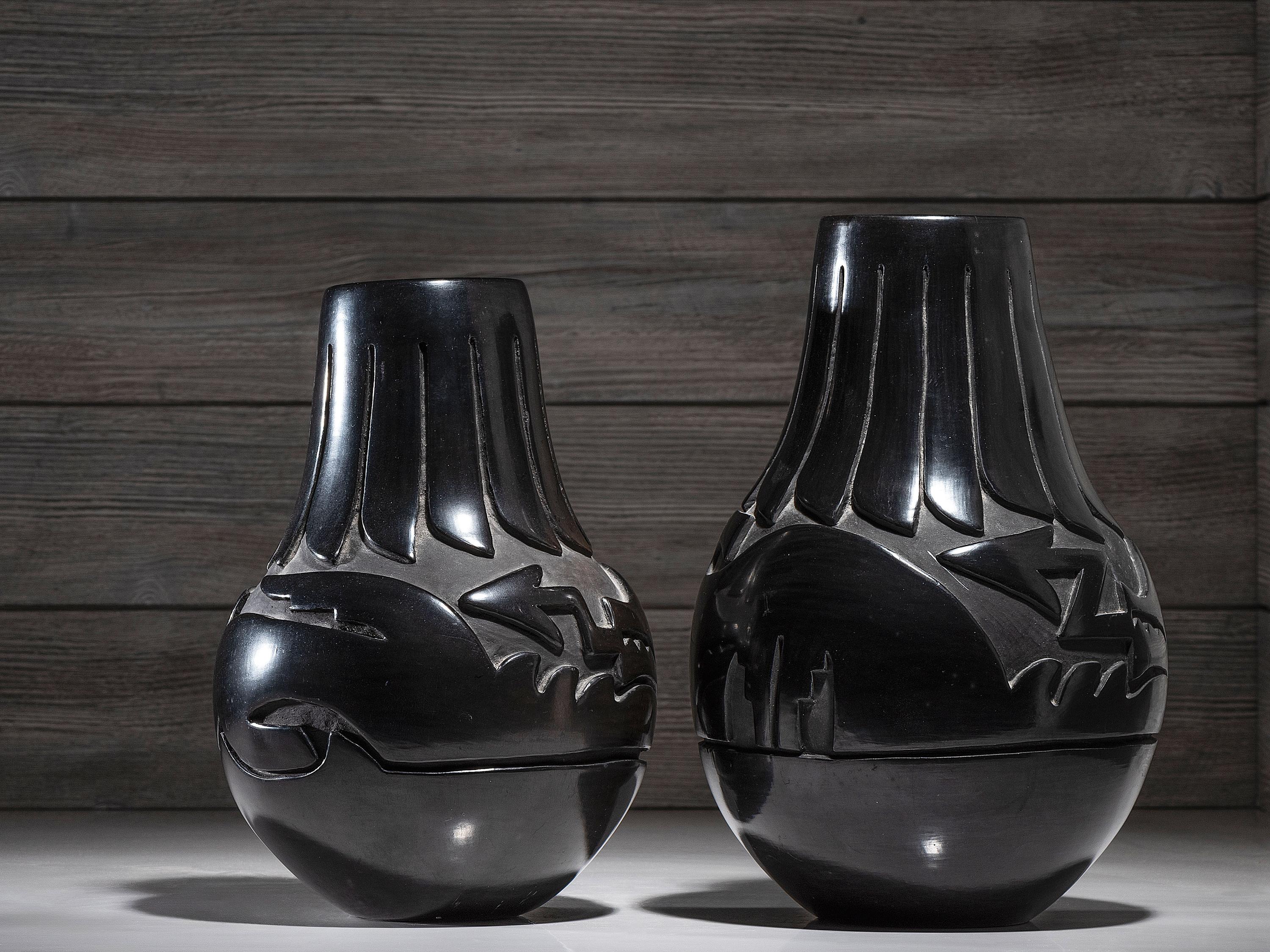 Pair of Carved Blackware Pottery Vases