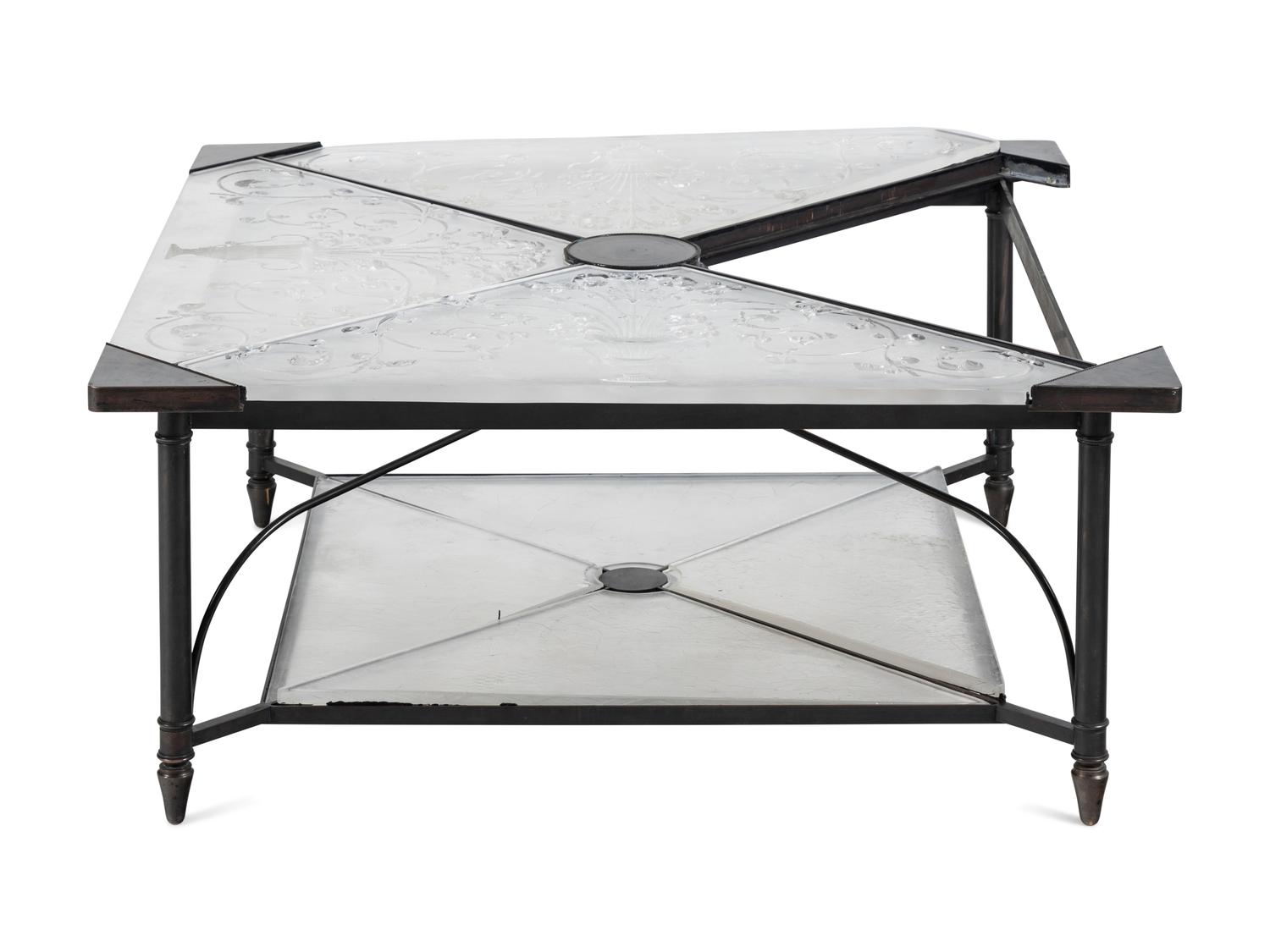 An Etched Glass-Top Patinated Metal Cocktail Table