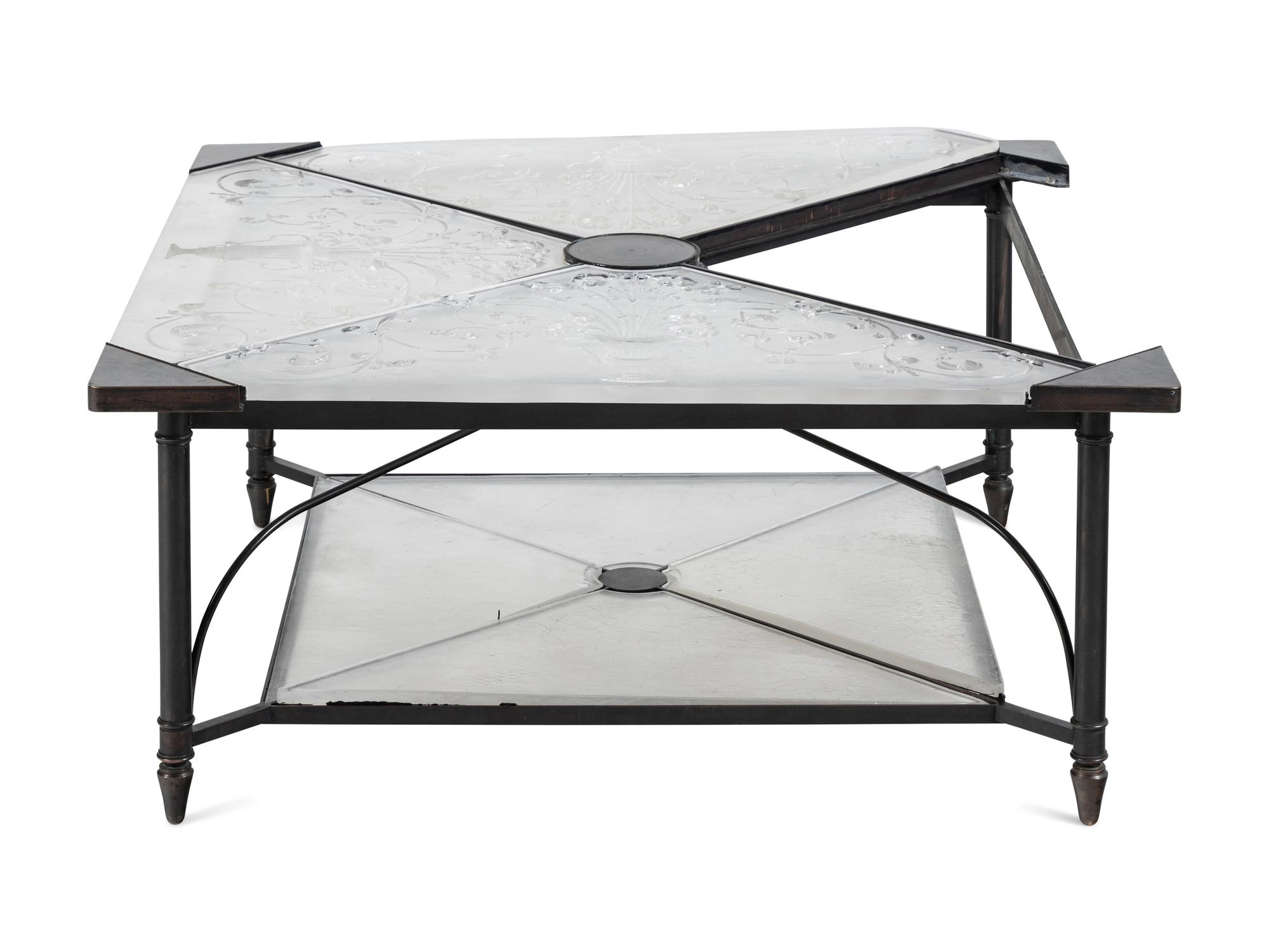 An Etched Glass-Top Patinated Metal Cocktail Table