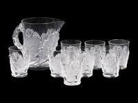 A Lalique Chene Pitcher and Eight Glasses