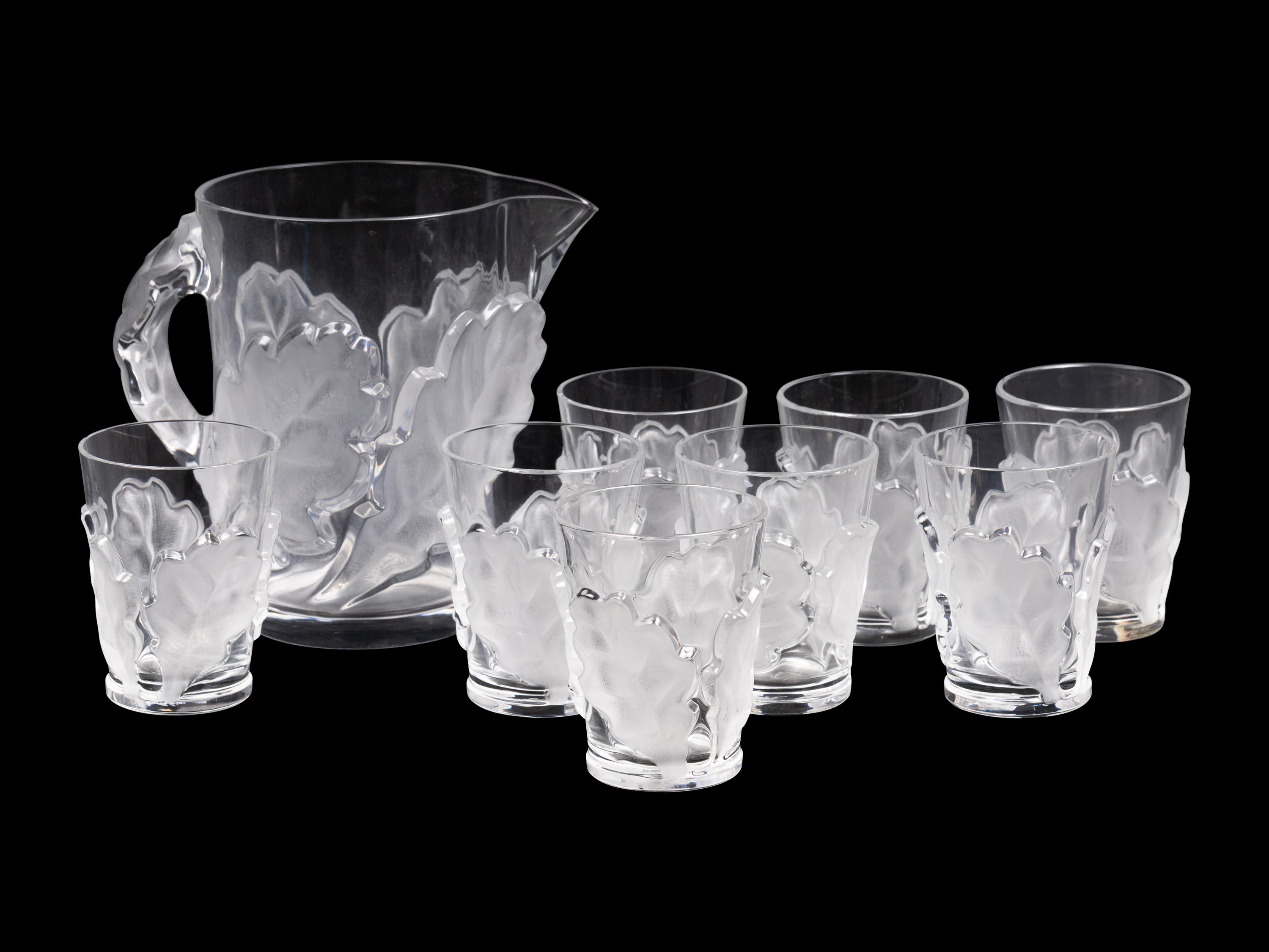 A Lalique Chene Pitcher and Eight Glasses