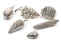 Six Continental Sterling Silver Weighted Fruit and Nut Figurines Longest 6 inches. — LATE 20TH CENTURY