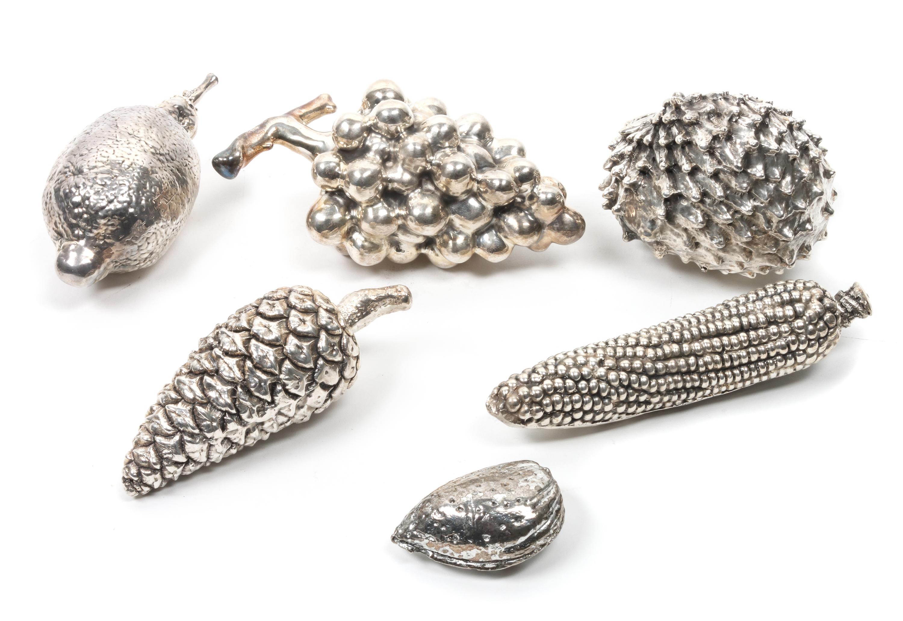 Six Continental Sterling Silver Weighted Fruit and Nut Figurines Longest 6 inches. — LATE 20TH CENTURY