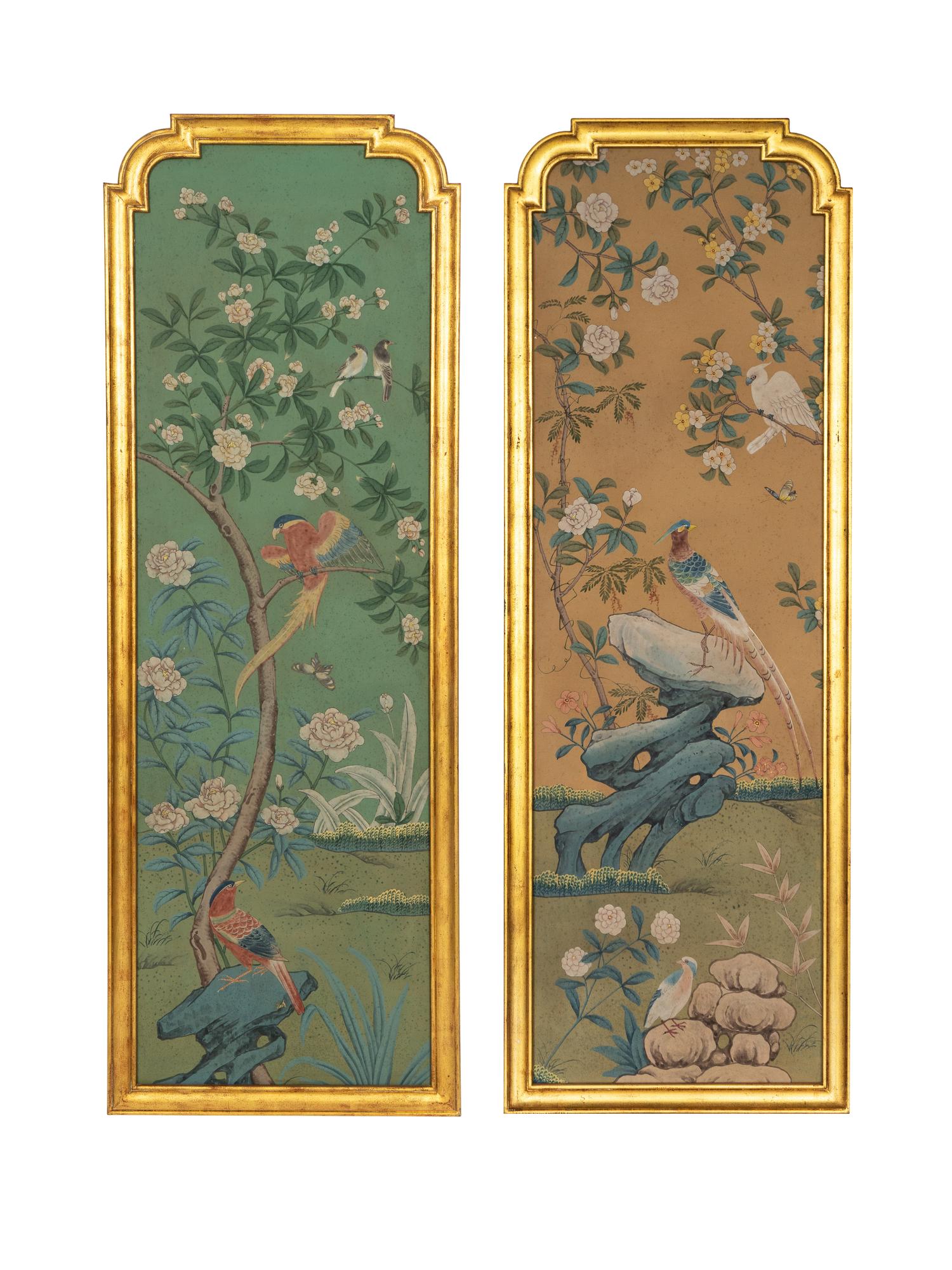 A Pair of Hand-Painted Chinoiserie Wallpaper Panels in Carved Gilt Wood Frames