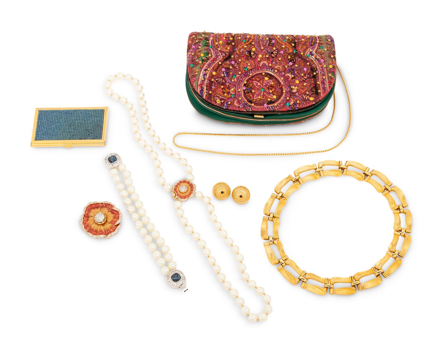 Judith Leiber Items: One Bag, One Bracelet, Two Necklaces, One Brooch, Earrings, and One Metal Card Case, 1980-90s