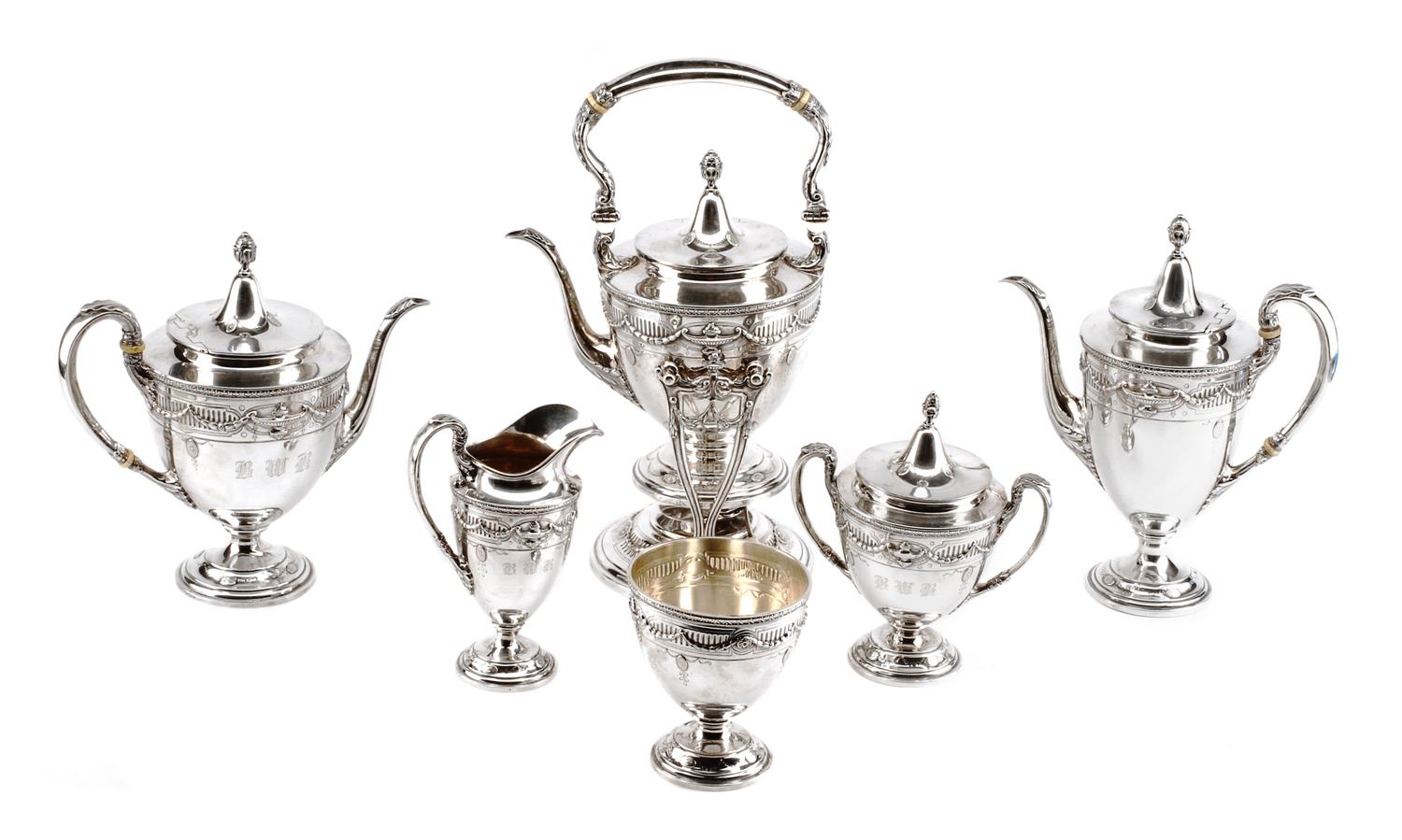 An American Silver Six-Piece Tea and Coffee Service, Gorham Mfg. Co., Providence, RI, Lansdowne pattern, comprising a water kettle-on-s