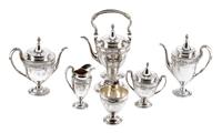 An American Silver Six-Piece Tea and Coffee Service, Gorham Mfg. Co., Providence, RI, Lansdowne pattern, comprising a water kettle-on-s