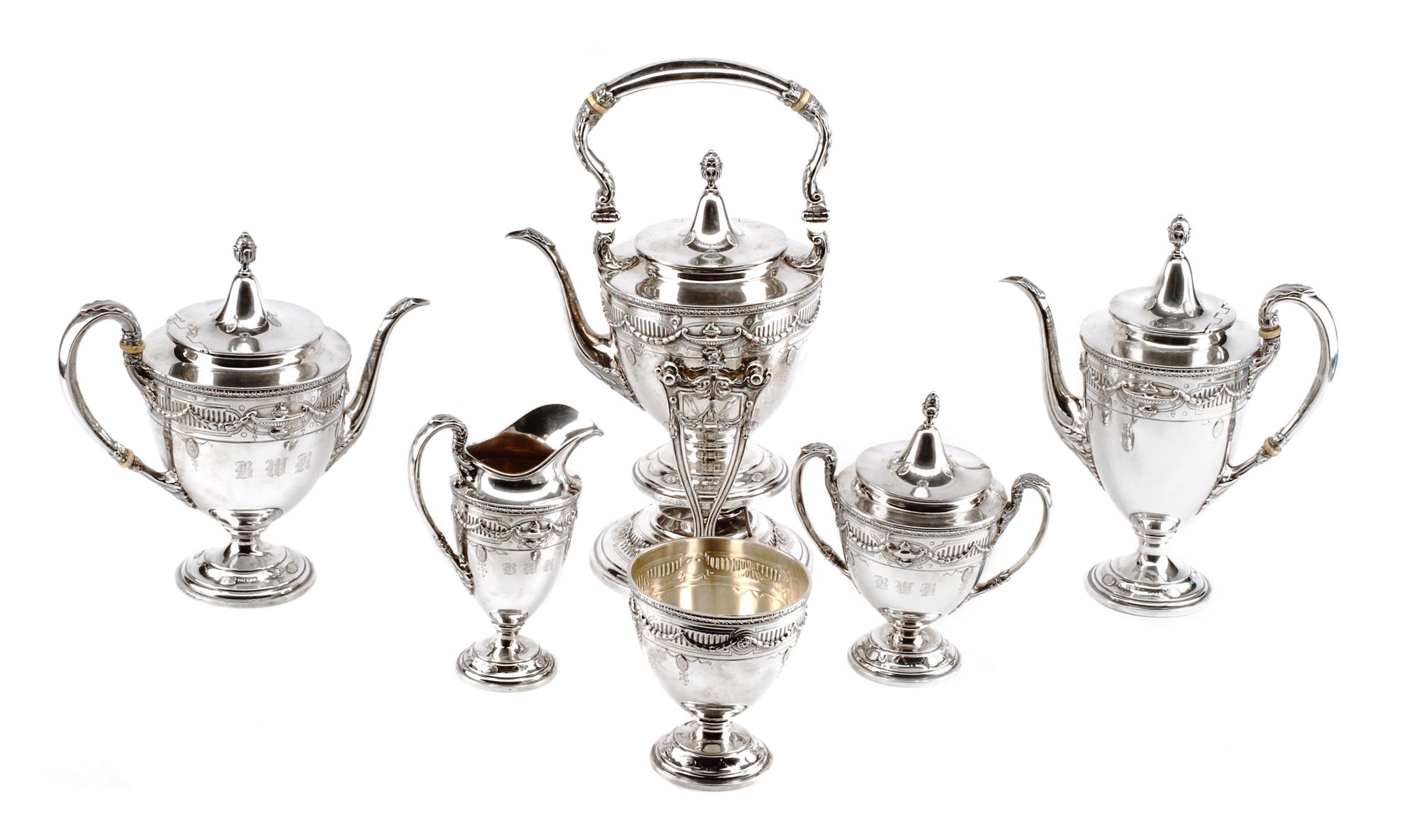 An American Silver Six-Piece Tea and Coffee Service, Gorham Mfg. Co., Providence, RI, Lansdowne pattern, comprising a water kettle-on-s