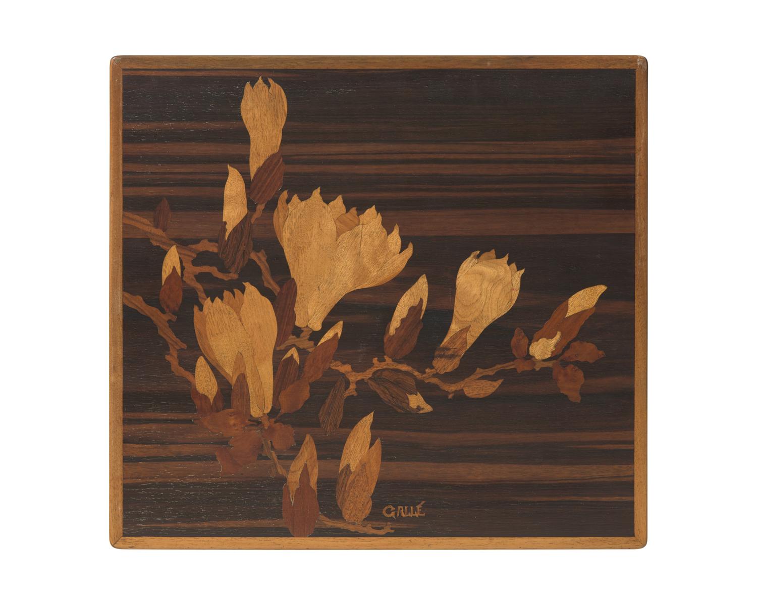 Émile Gallé (French, 1846-1904), A group of four Art Nouveau carved mahogany and marquetry nesting tables, circa 1900