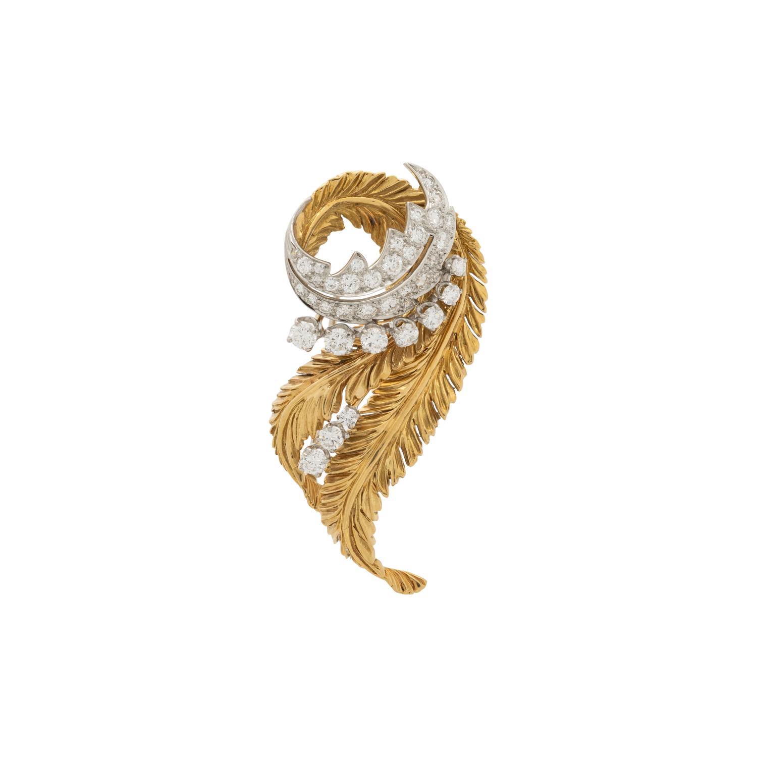 MCTEIGUE FOR BETTERIDGE, DIAMOND, YELLOW GOLD, AND PLATINUM LEAF BROOCH