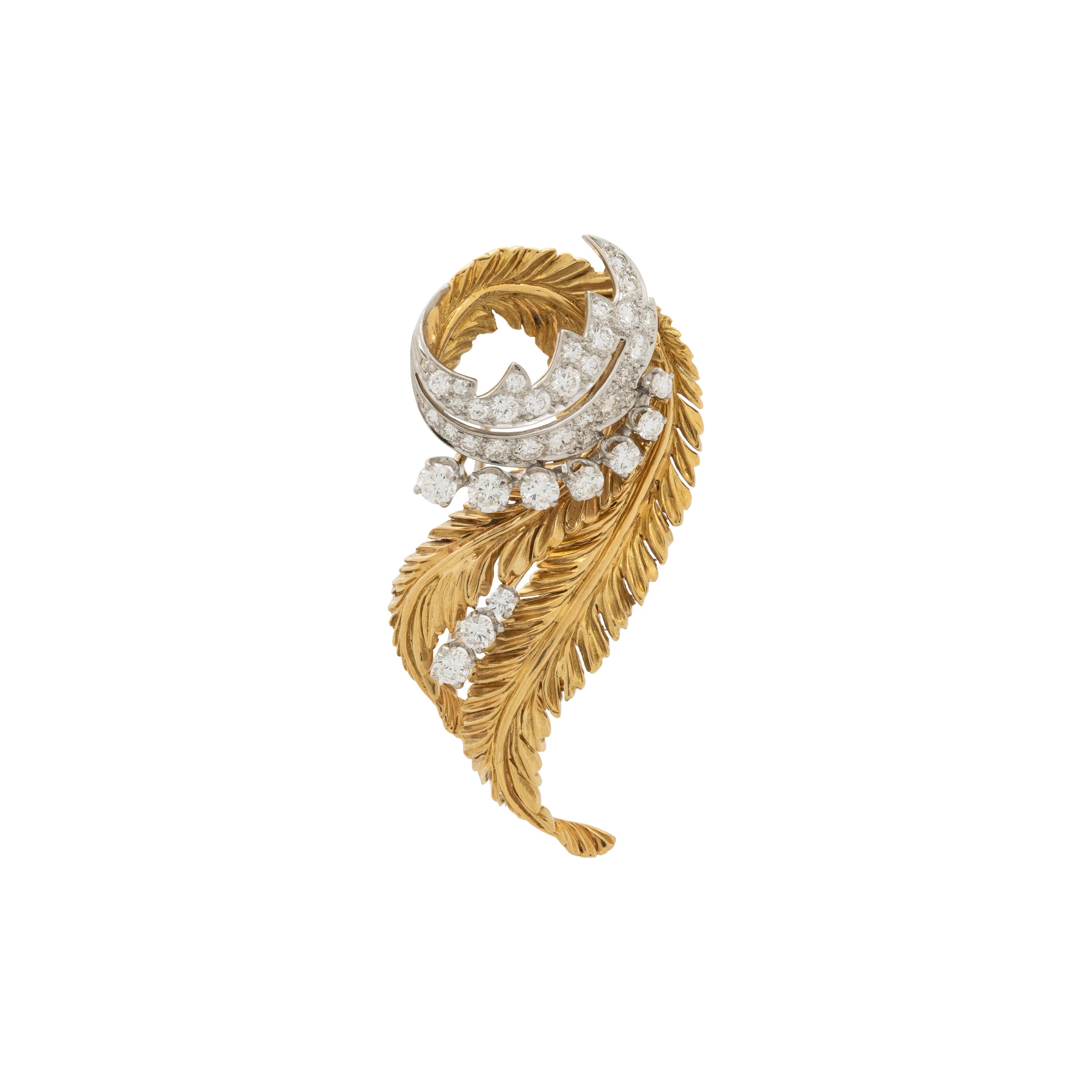 MCTEIGUE FOR BETTERIDGE, DIAMOND, YELLOW GOLD, AND PLATINUM LEAF BROOCH