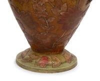 A Continental Green Glazed Ceramic and Canvas Appliqué Vase Garniture