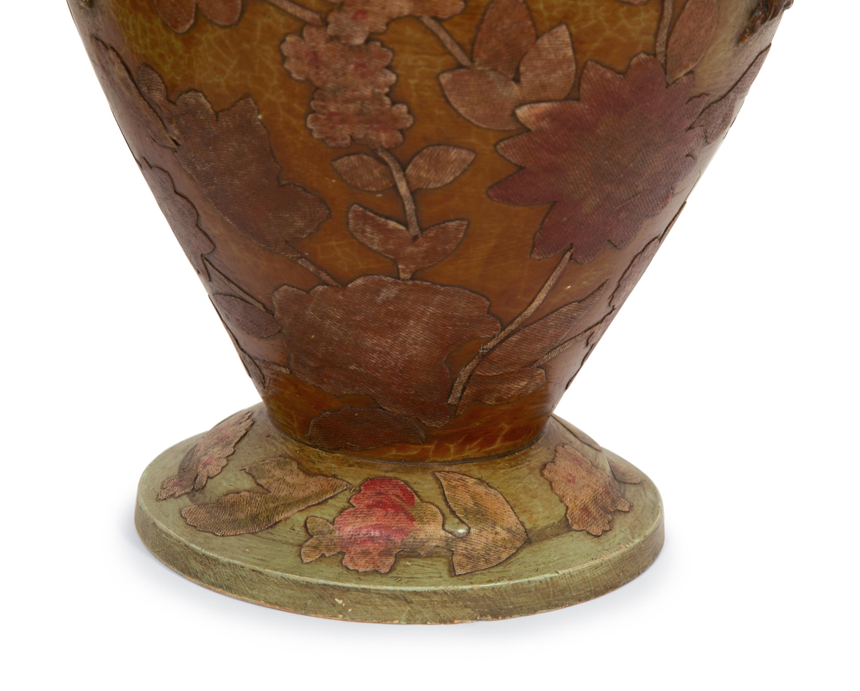 A Continental Green Glazed Ceramic and Canvas Appliqué Vase Garniture