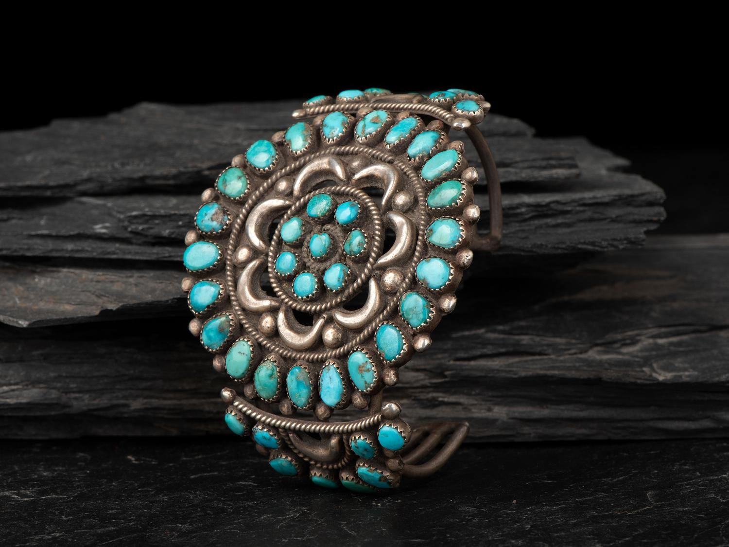 Navajo or Zuni Silver and Turquoise Cluster Cuff Bracelet