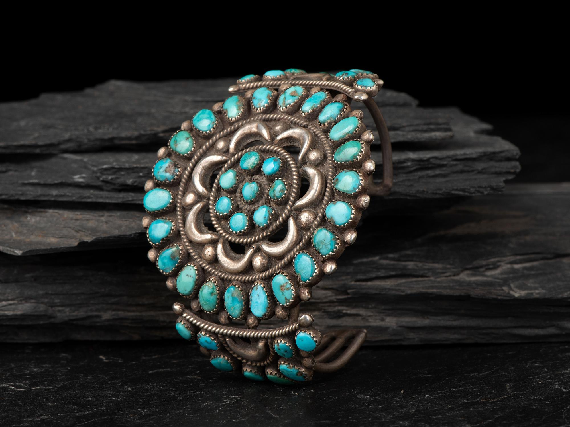 Navajo or Zuni Silver and Turquoise Cluster Cuff Bracelet
