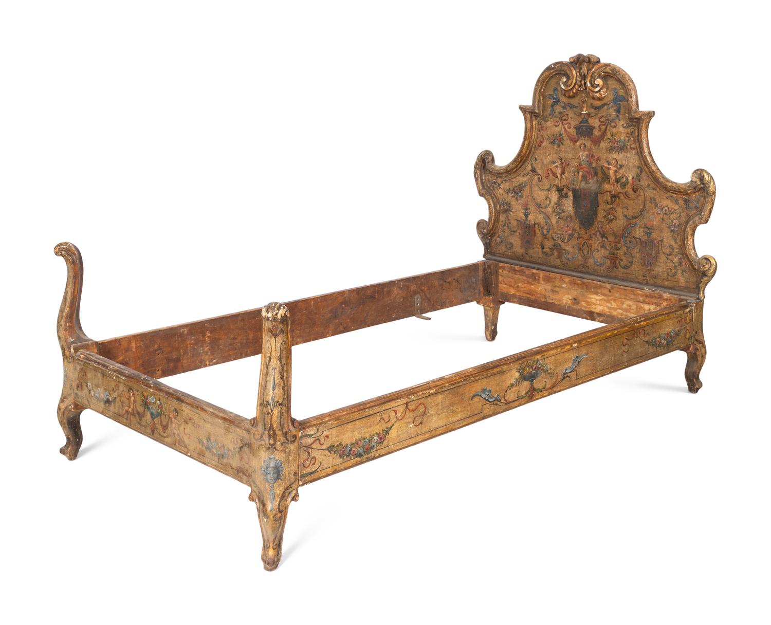 A Fine Italian Rococo Polychrome Decorated Bedframe