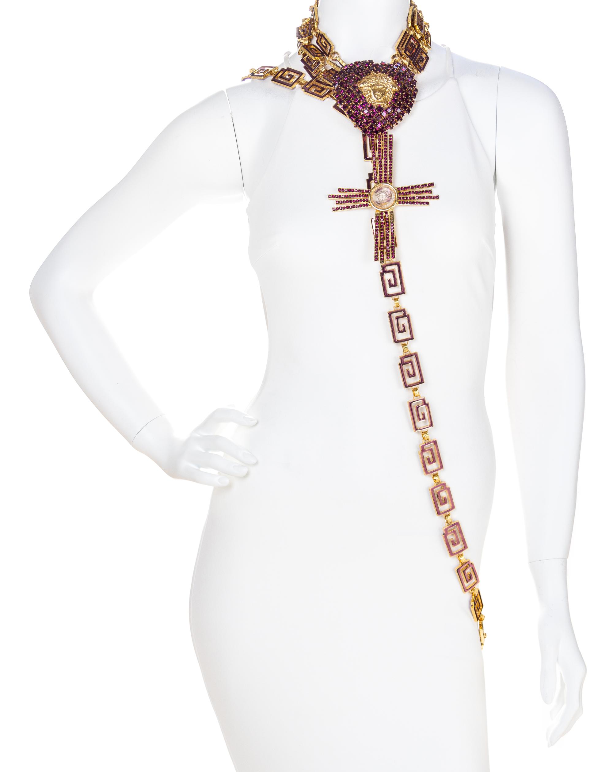 A Gianni Versace Purple Rhinestone Heart Choker and Chain Belt, Heart: 4" x 3.5"; Crosses: 5.5" x 4.5".