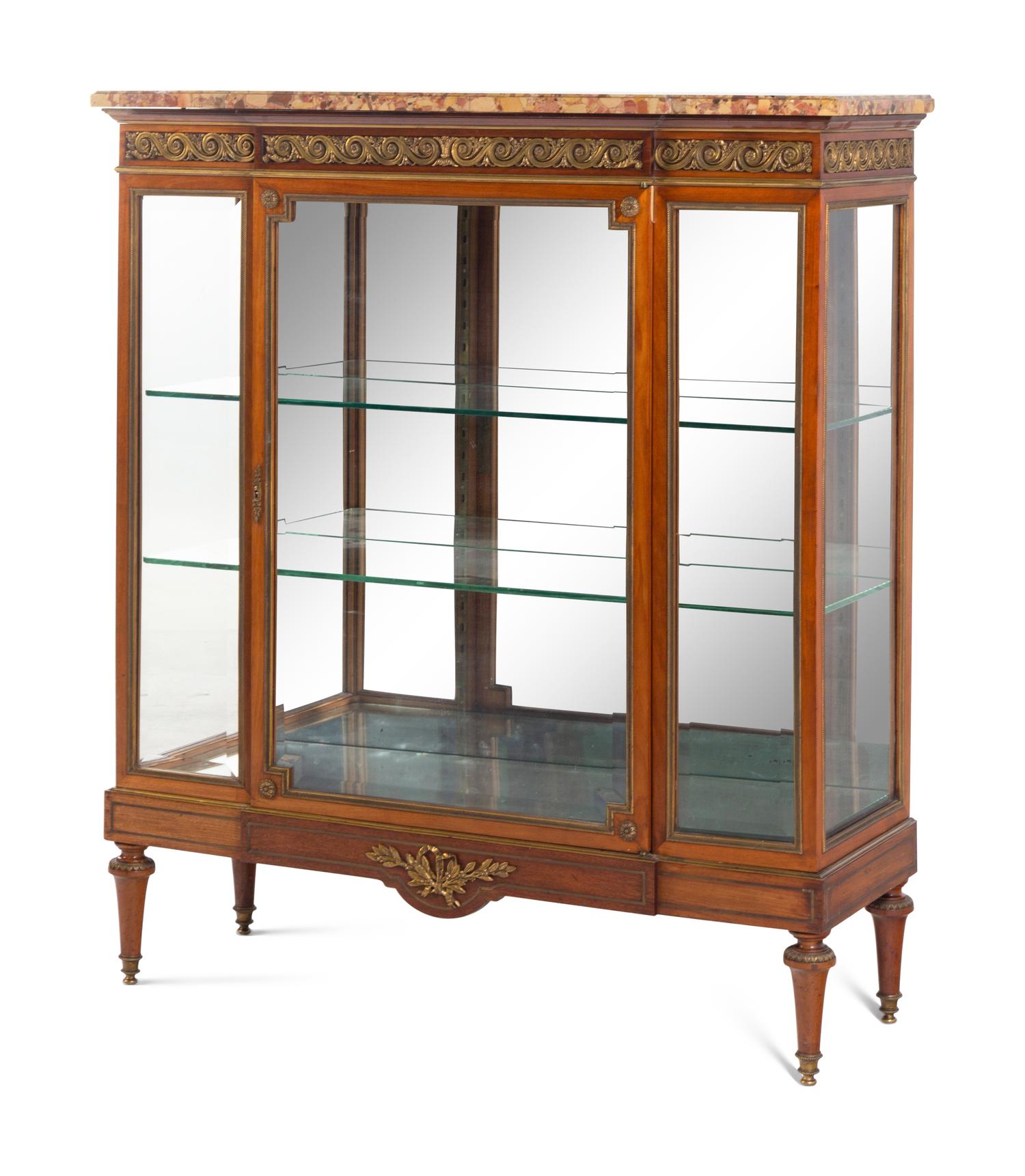A Louis XVI Style Gilt Metal-Mounted Marble-Top Vitrine Cabinet