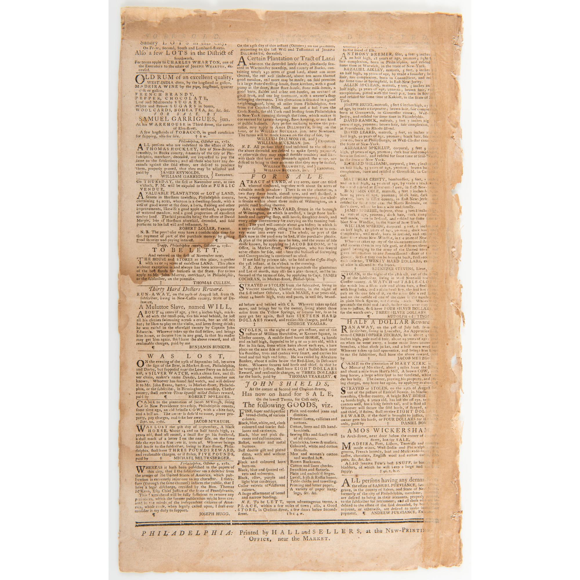 General Cornwallis' Surrender to George Washington at Yorktown, First "Breaking News" Reported in Pennsylvania Gazette and Weekly Advertiser , 1781
