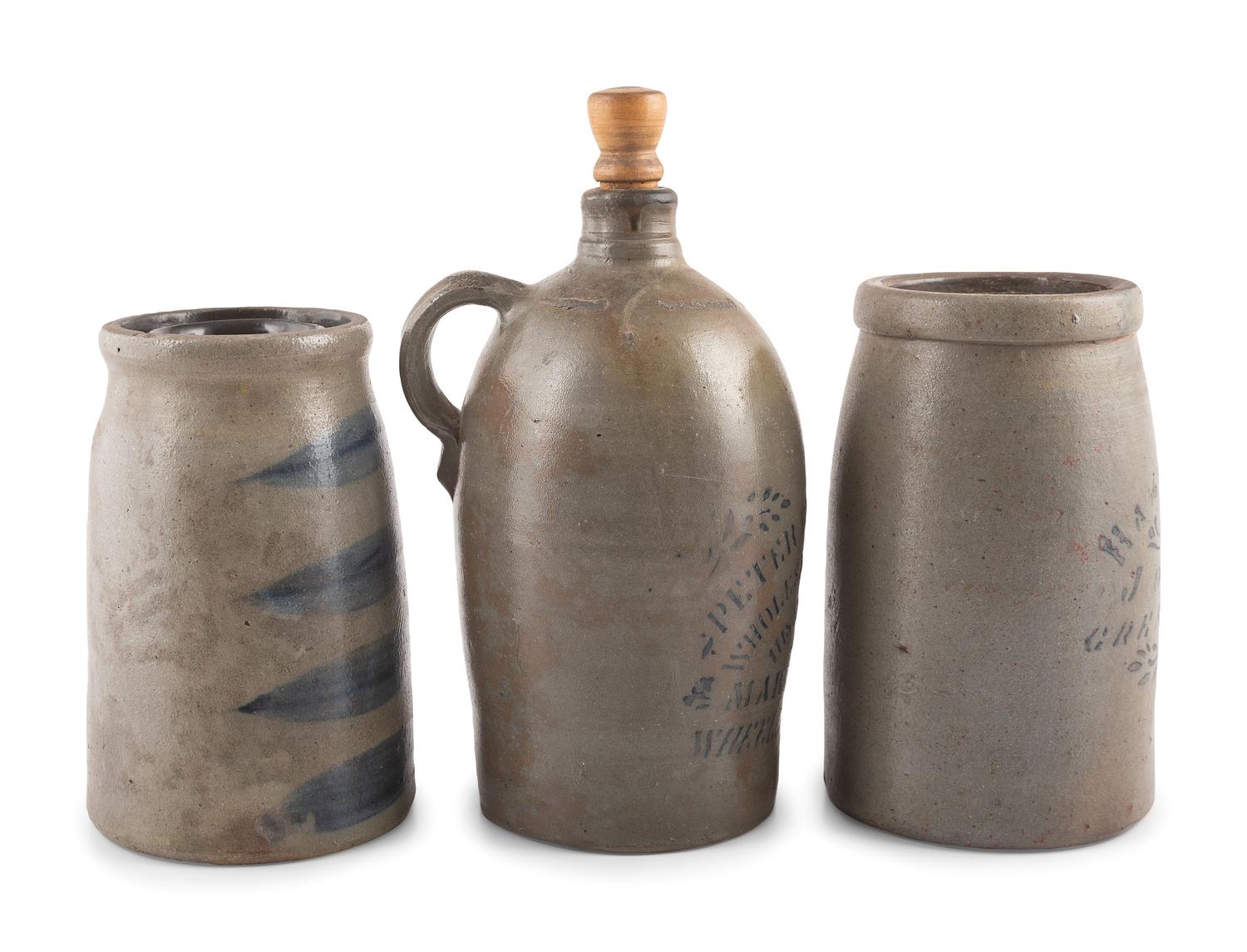 Two Cobalt-Decorated Stoneware Canners and Jug