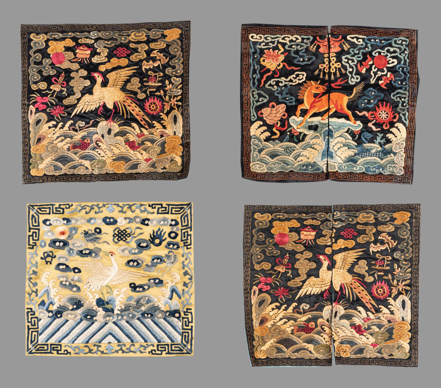 Four Embroidered Silk Rank Badges, Buzi